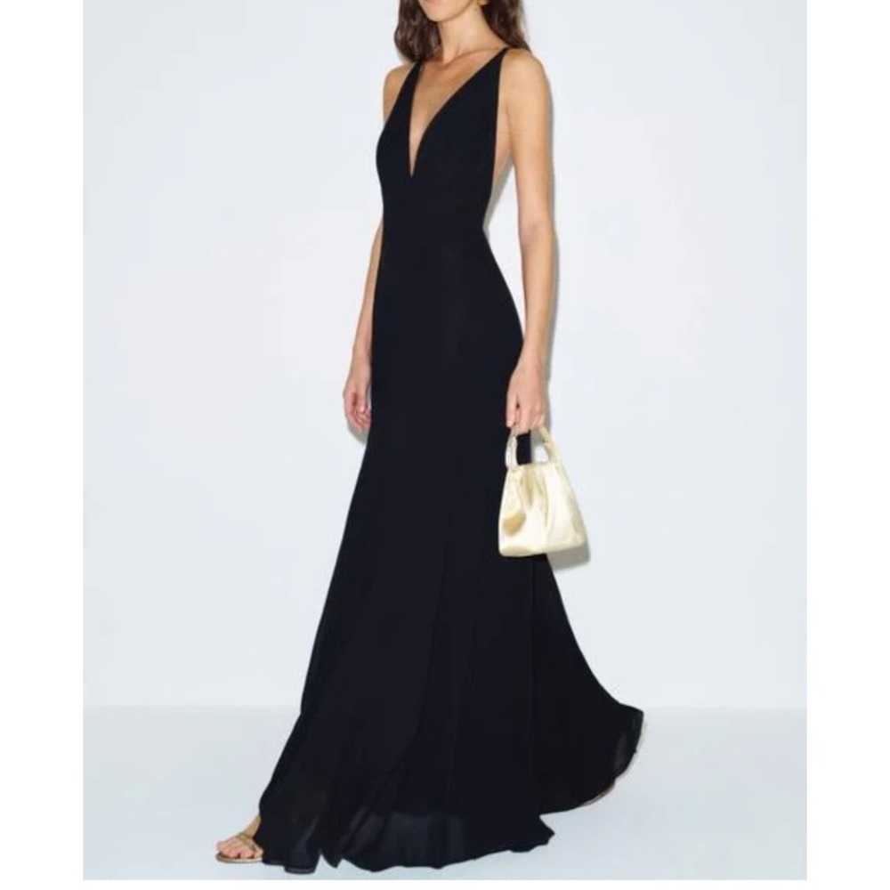 Reformation Black Deep V-Neck Open Back Maxi Dress Evening Gown Formal - Picture 1 of 11